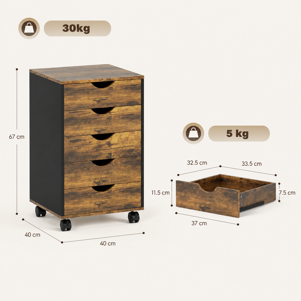 Core Packaging Five Drawer Mobile Filing Cabinet
