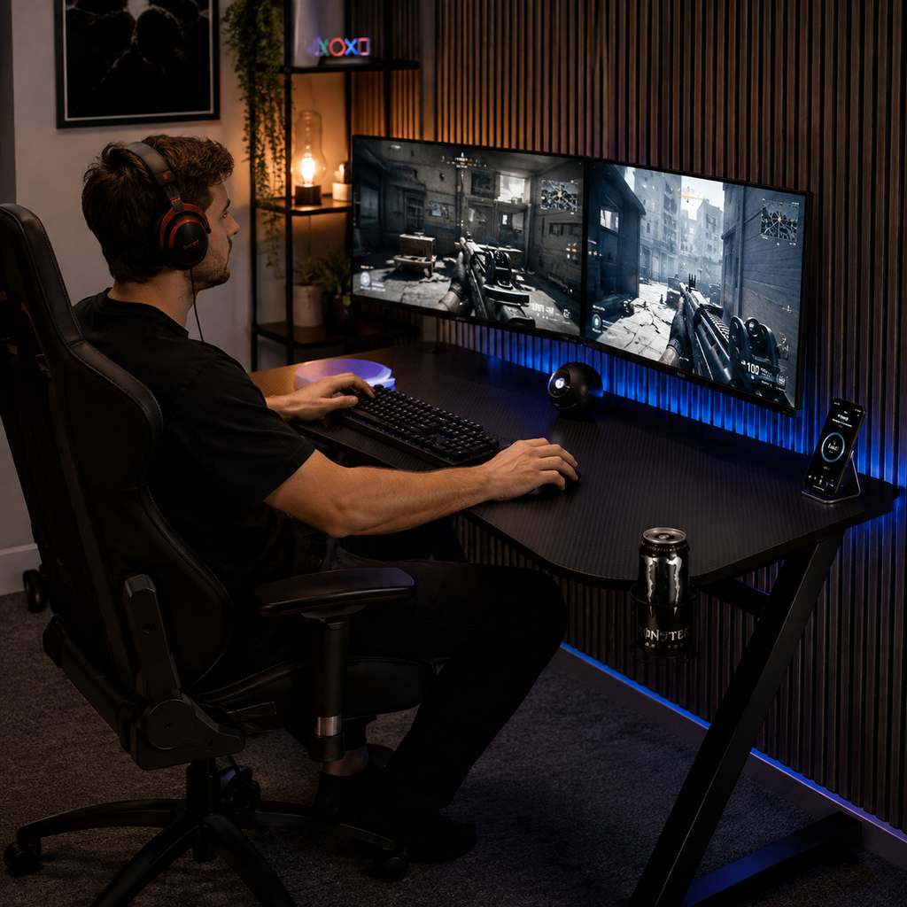 Core Packaging Gaming Desk with Cup Holder, Headphone Hook, Adjustable Feet and Cable Organiser