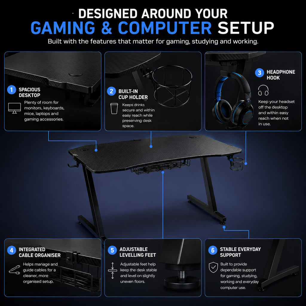 Core Packaging Gaming Desk with Cup Holder, Headphone Hook, Adjustable Feet and Cable Organiser