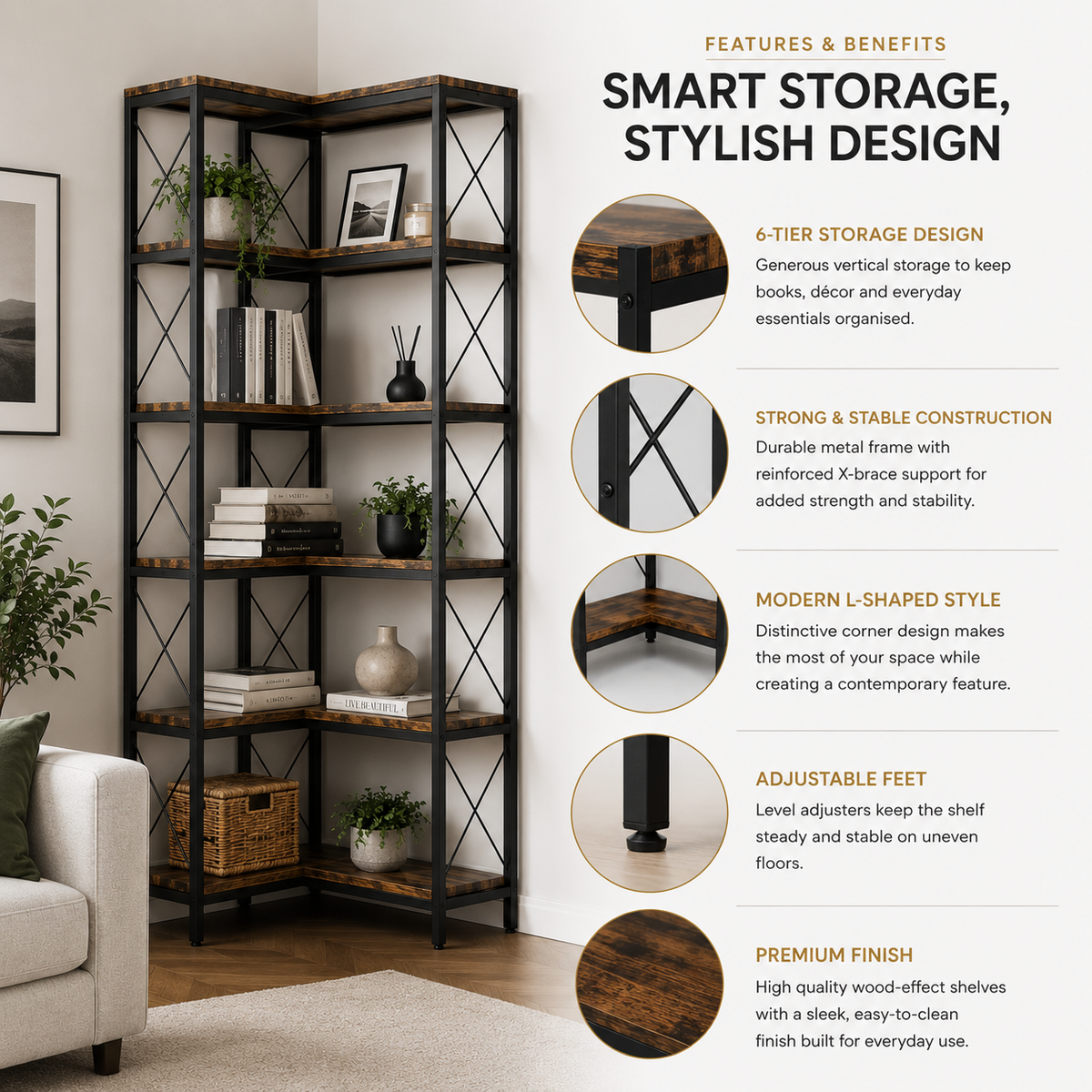 Core Packaging 6 Tier L Shaped Bookshelf
