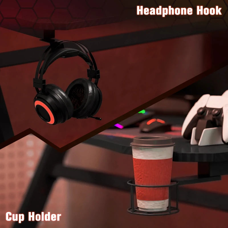 Core Packaging Gaming Desk with Cup Holder, Headphone Hook, Adjustable Feet and Cable Organiser